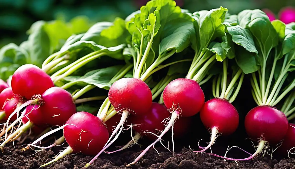 A close-up image of fresh radishes in a garden bed with green leaves and vibrant red bulbs