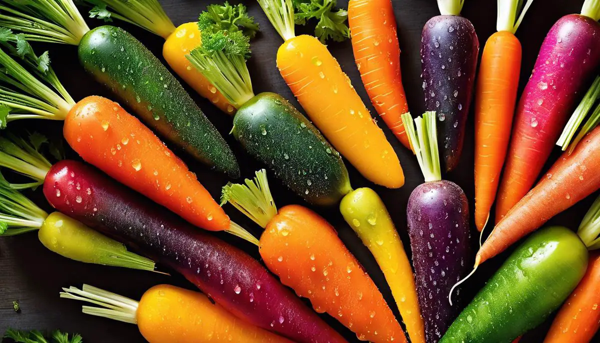 Rainbow carrots glistening with dew drops, showcasing their vibrant colors and unique shapes.