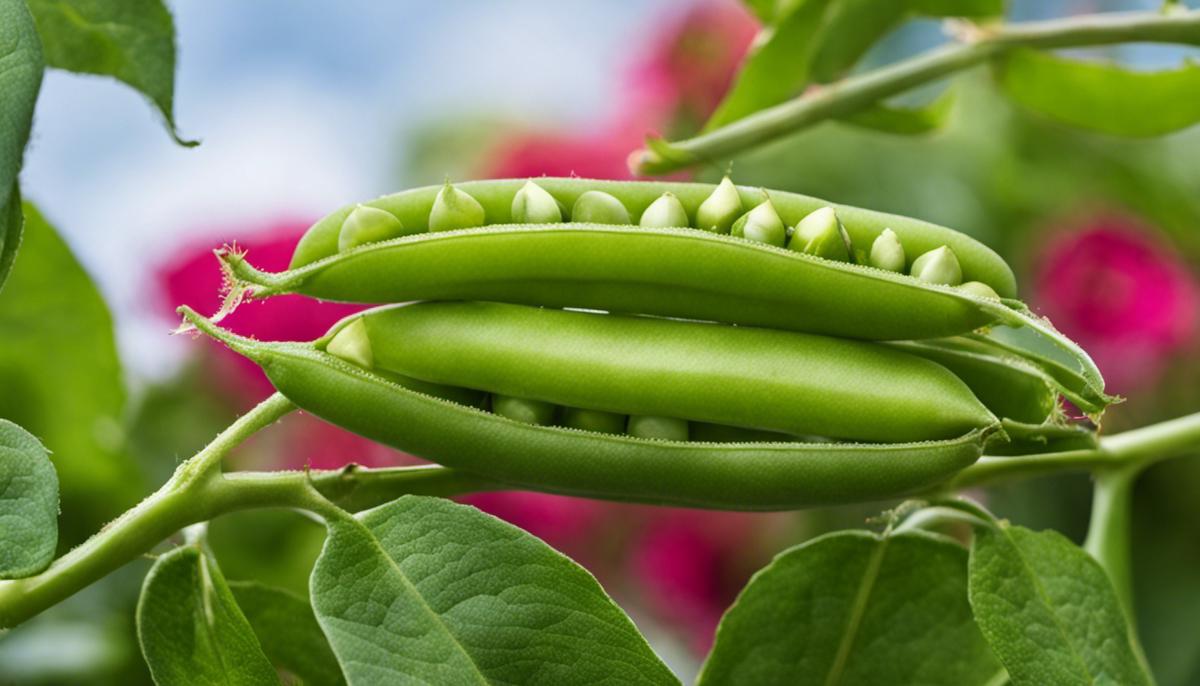 A picture of ripe snap peas on a vine.