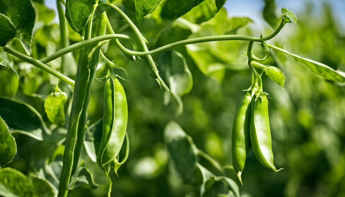 Image of ripe snap peas on the vine, ready for harvest.