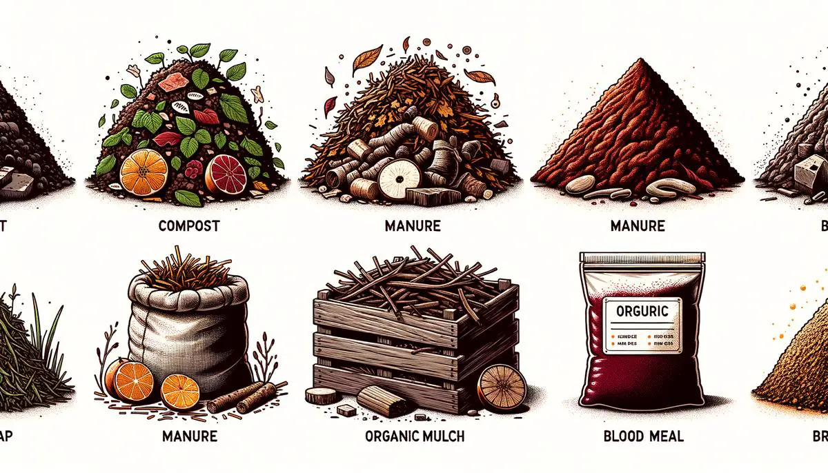 Variety of soil amendments including compost, manure, organic mulch, and blood meal