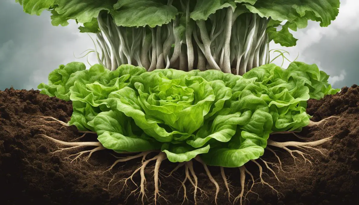 Illustration of lettuce plants growing in healthy soil, with roots surrounded by organic matter and air pockets.