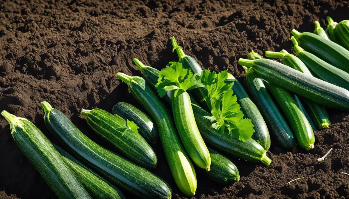 An image of healthy soil with thriving zucchini plants growing on it.