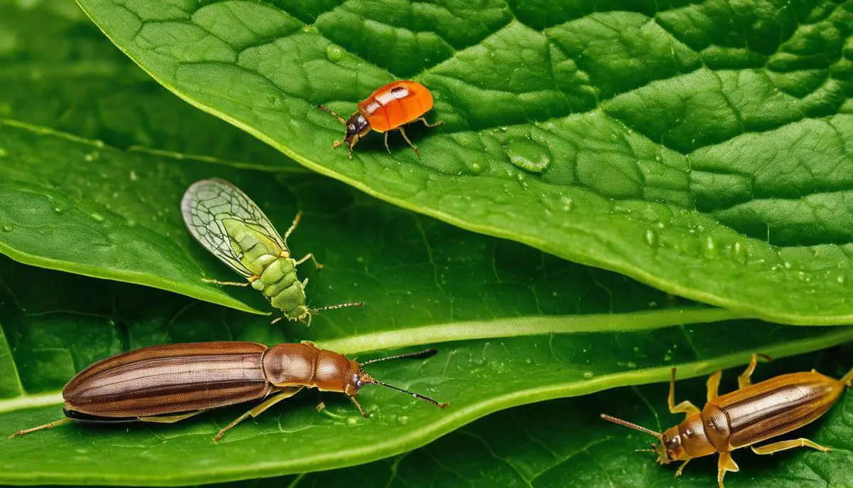 An image depicting various pests that pose a threat to spinach crops: leafminer, aphid, spinach crown mite, slugs, and caterpillars.