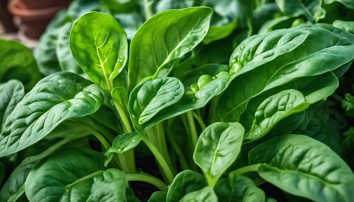 A close-up image of lush green spinach leaves growing in a garden