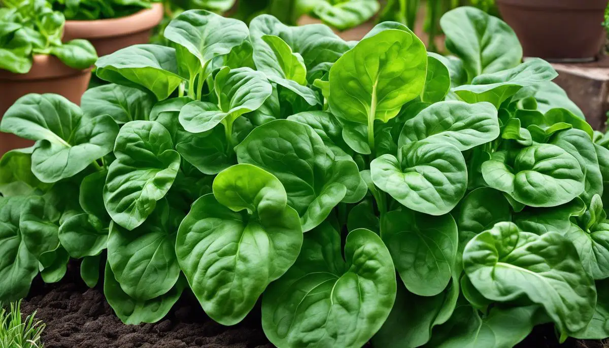 A lush green spinach plant in a garden