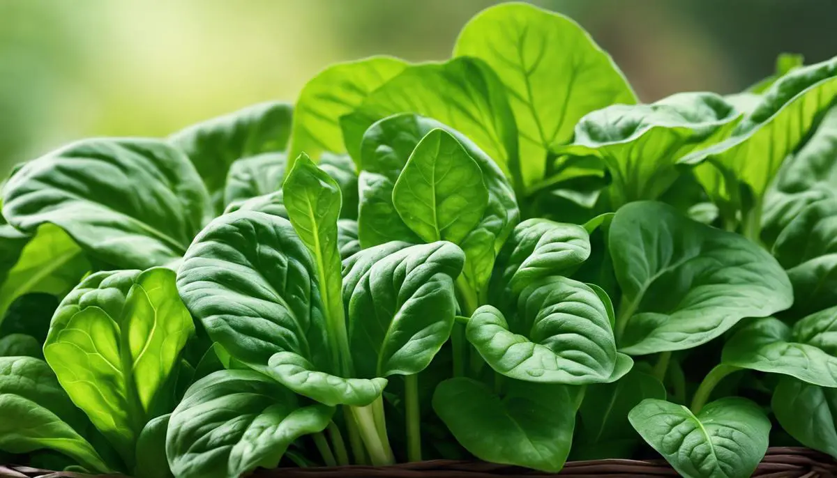 A lush green spinach plant with ready-to-harvest leaves