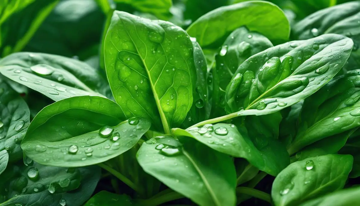 A bunch of freshly harvested spinach leaves with dewdrops, showcasing their freshness and vibrancy.