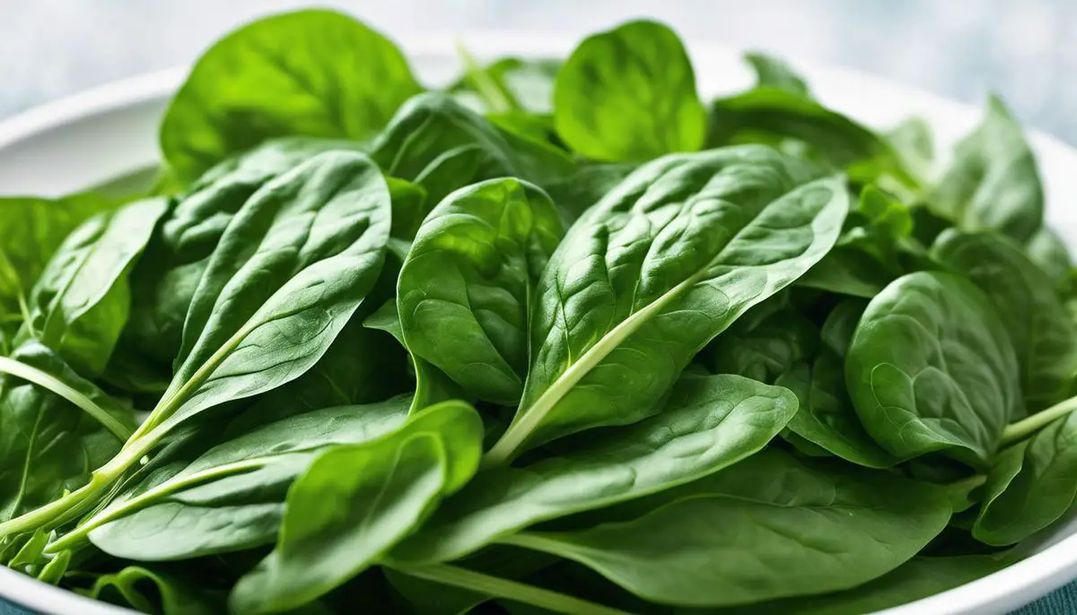A vibrant image of freshly harvested spinach leaves, showcasing their deep green color and freshness.