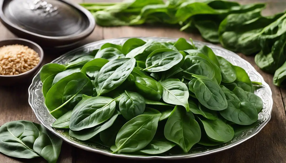 A plate filled with vibrant spinach leaves, showcasing the journey of spinach from ancient Persia to its status as a beloved superfood today.