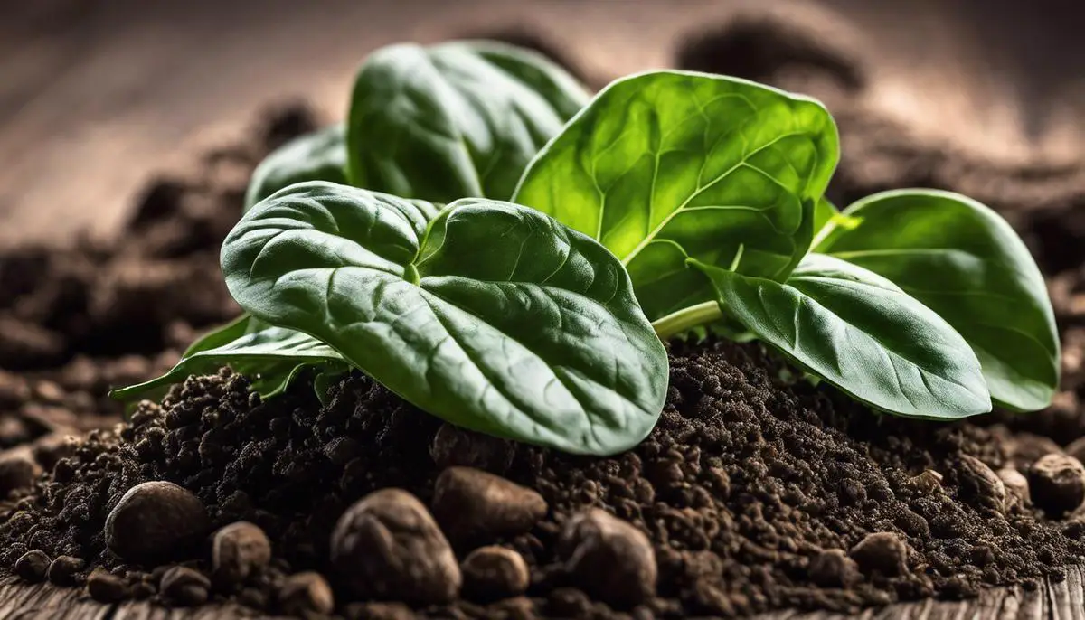 An image depicting soil and spinach leaves, highlighting the importance of soil for spinach growth