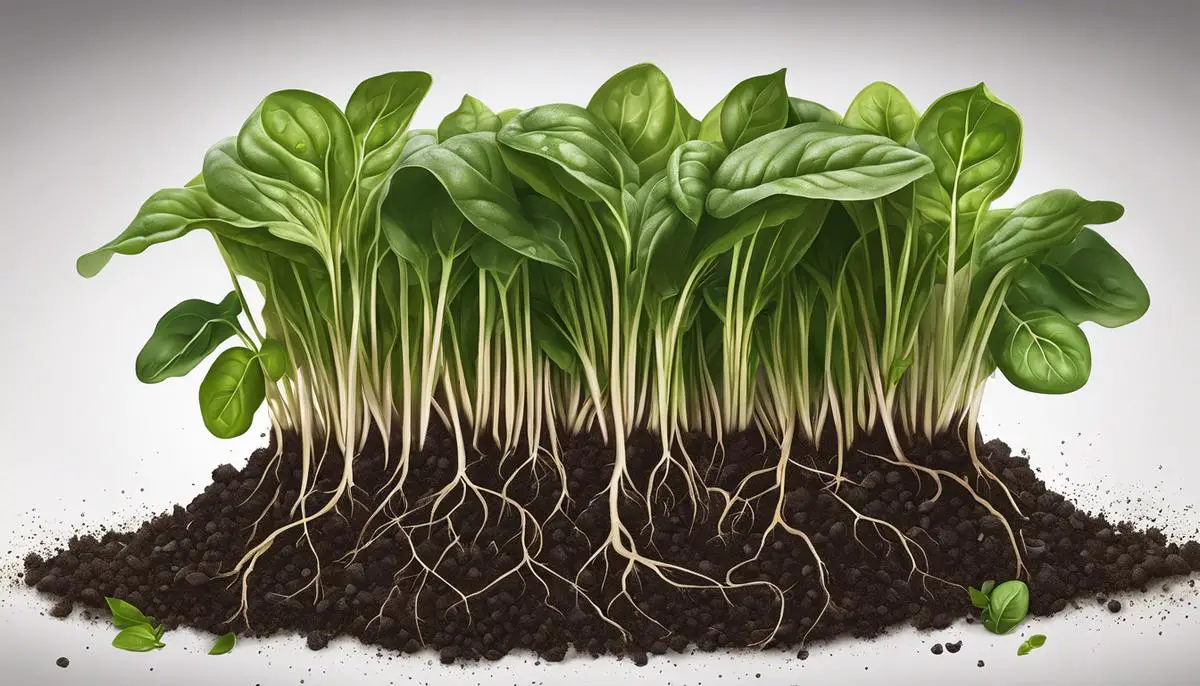 Illustration of nutrient-rich soil with spinach roots growing abundantly