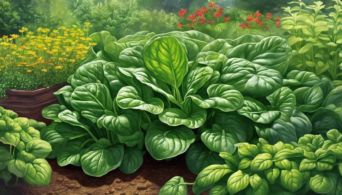 Illustration of spinach surrounded by various companion plants in a garden setting