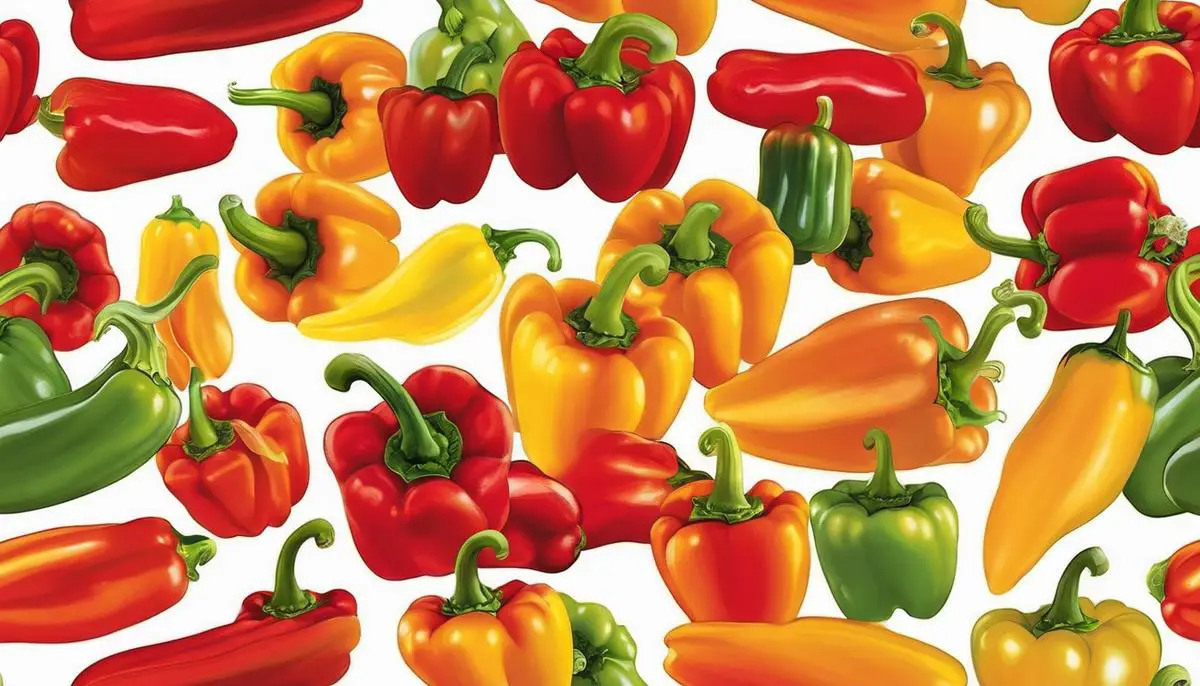 An image of vibrant red, yellow, and green sweet bell peppers growing on a plant.