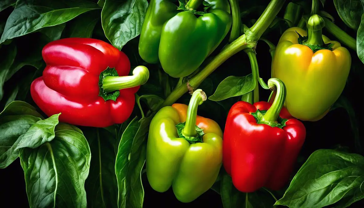 A close-up image of ripe sweet bell peppers on the plant, with vibrant colors ranging from green to red.
