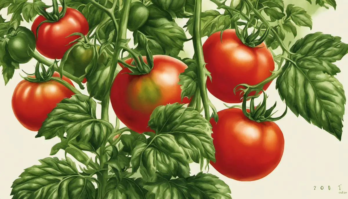 Illustration of a tomato plant with ripe red tomatoes and green leaves, showcasing the process of tomato care and maintenance