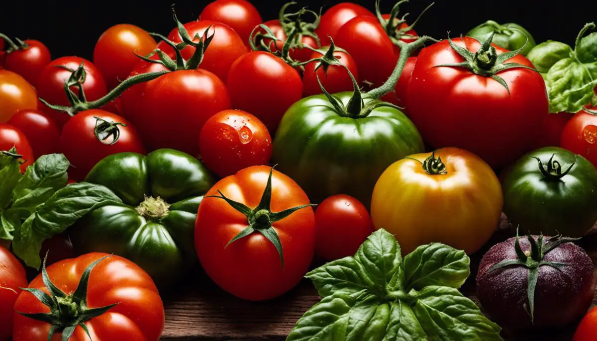 An image showing different types of tomatoes with vibrant colors and different shapes