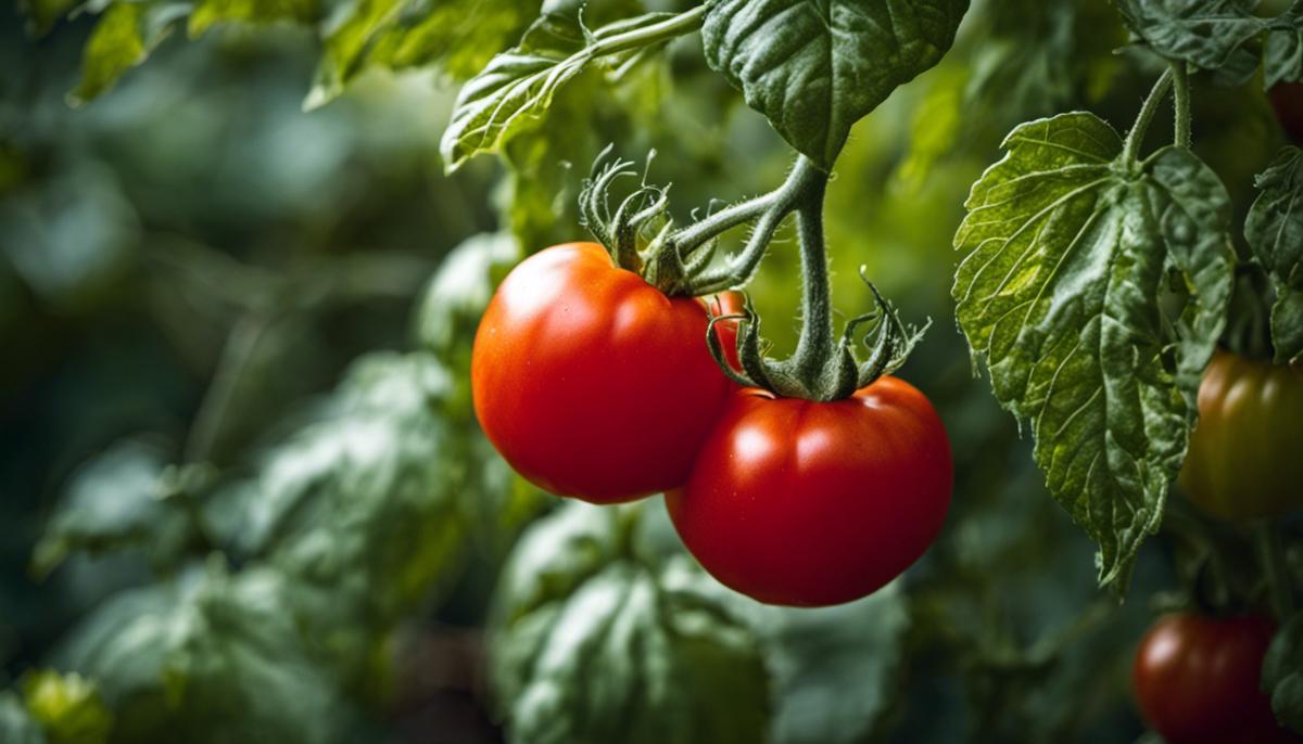 A beautiful image of a ripe red tomato plant in a garden.