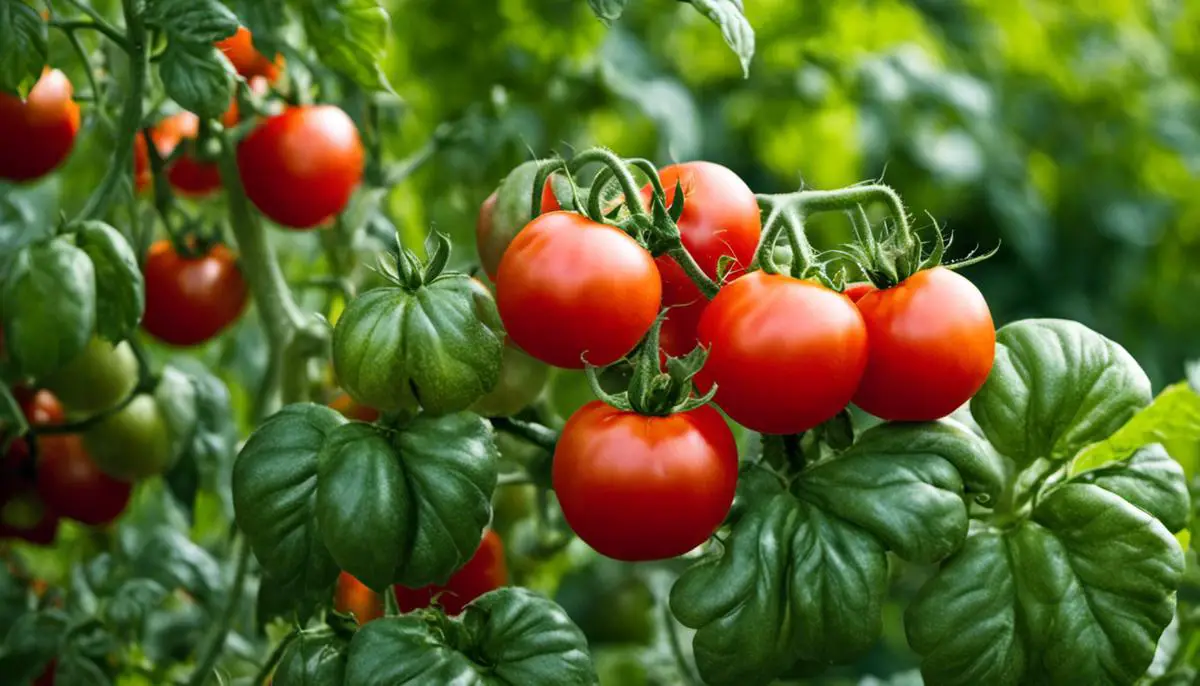 A close-up image of luscious red tomatoes growing in a garden.