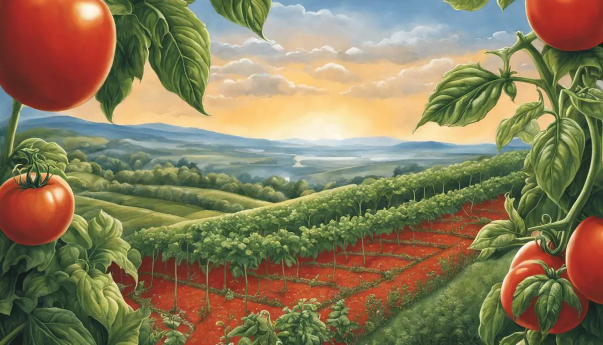 Illustration depicting the journey of a tomato, showcasing its wild origins, cultivation, scientific advancements, and its impact on society.