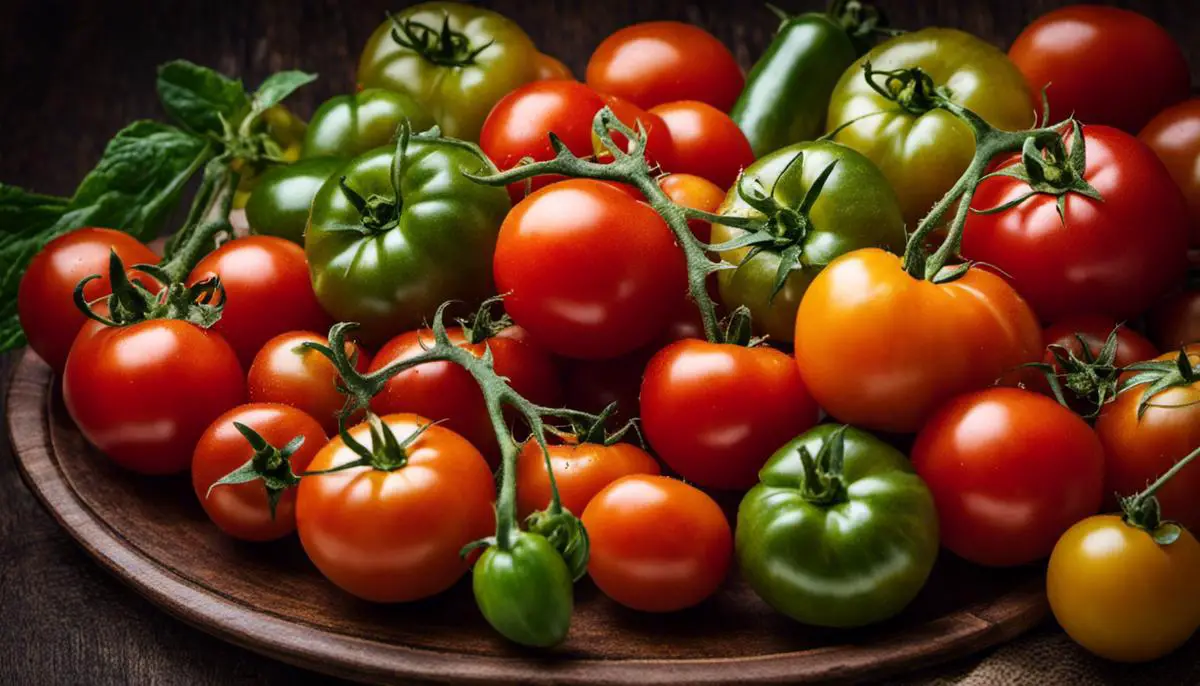Image of a plate with various types of tomatoes, representing the bounty of nutritional elements found in tomatoes, such as vitamins, minerals, and antioxidants.