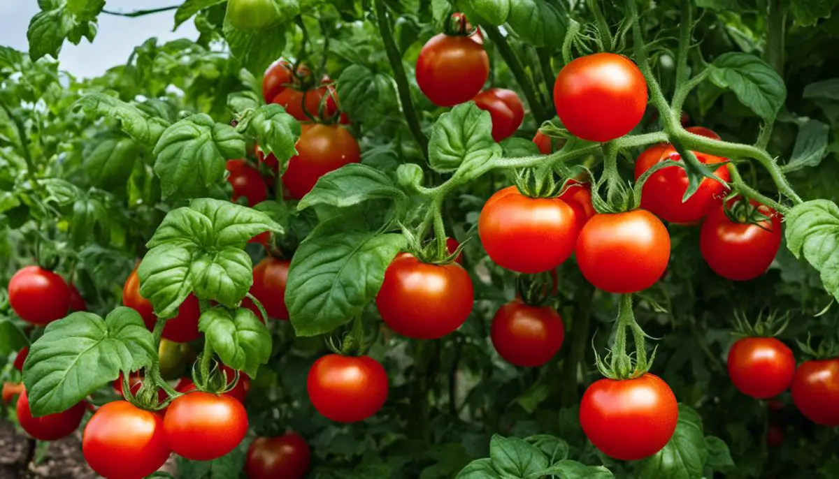 A lush tomato plant with vibrant red tomatoes growing in a well-maintained garden.