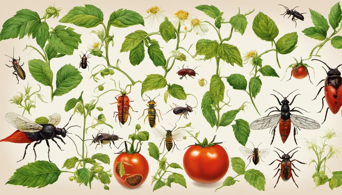 Image depicting various pests and diseases that can affect tomato plants, including hornworms, aphids, furrowing beetles, whiteflies, late blight, verticillium wilt, fusarium wilt, and bacterial spot