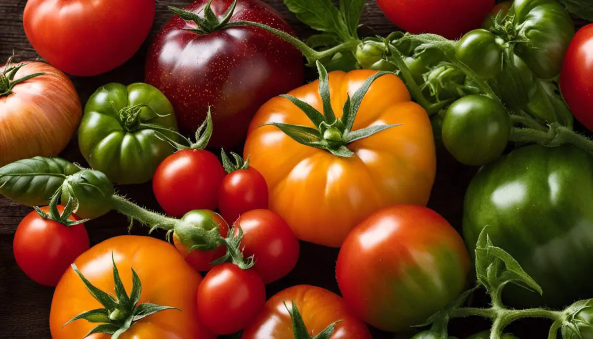 A variety of tomato plants with different colors, shapes, and sizes, showcasing the diversity of this fruit.