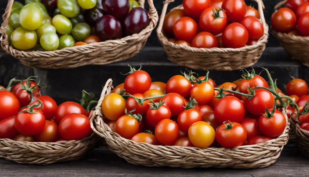 Various types of tomatoes, including plum and cherry tomatoes