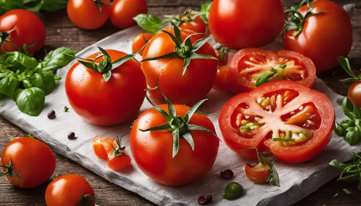 Image descriptor: Illustration of different methods of preparing tomatoes, including raw tomatoes, cooked tomatoes, and tomato salad with olive oil drizzled on top.