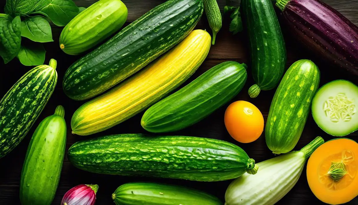 Image of different varieties of cucumbers for organic cultivation, showcasing their diversity and vibrant colors.