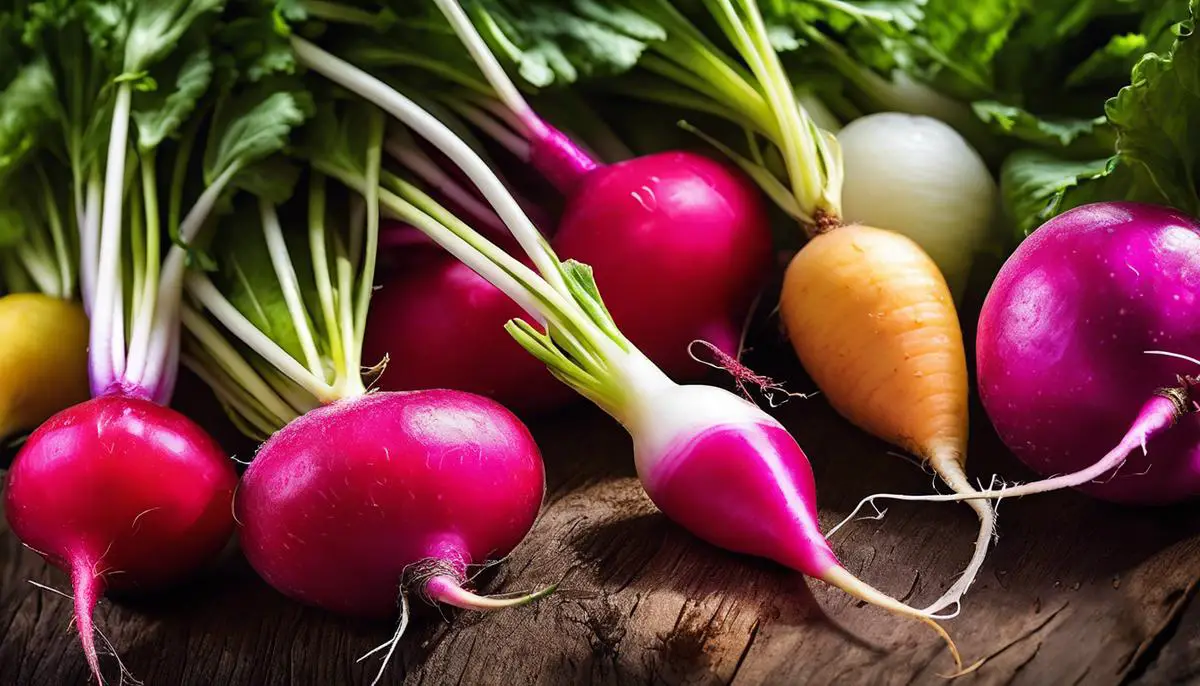 Image of different varieties of radishes showcasing their vibrant colors and unique shapes.