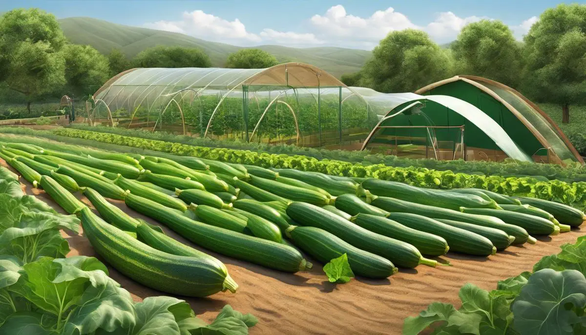 Illustration of an organic zucchini garden with efficient water management techniques employed