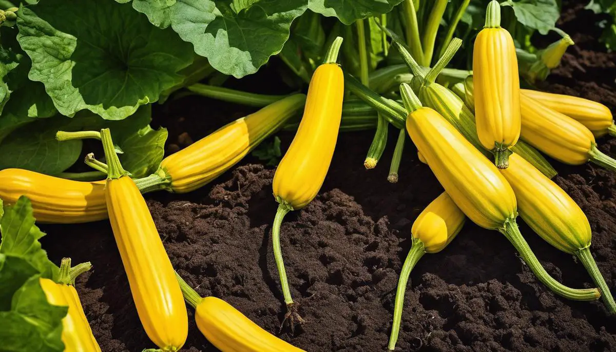 A close-up image of vibrant yellow zucchini plants in a garden.