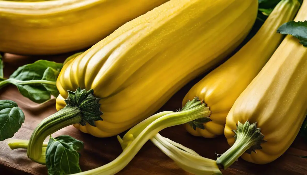 A close-up image of ripe yellow zucchini in a sunny garden