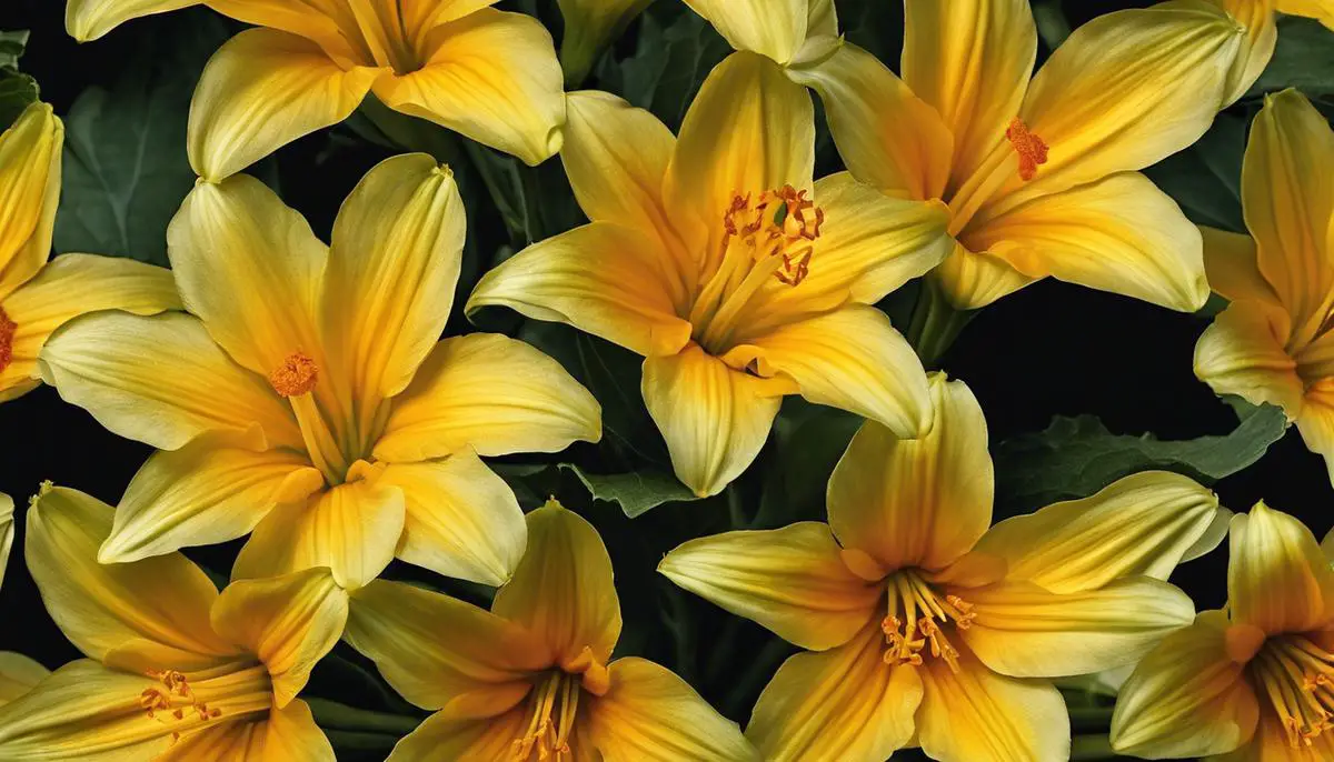 A close-up image of golden zucchini blossoms with dashes of yellow and orange, presenting their delicate and beautiful appearance.
