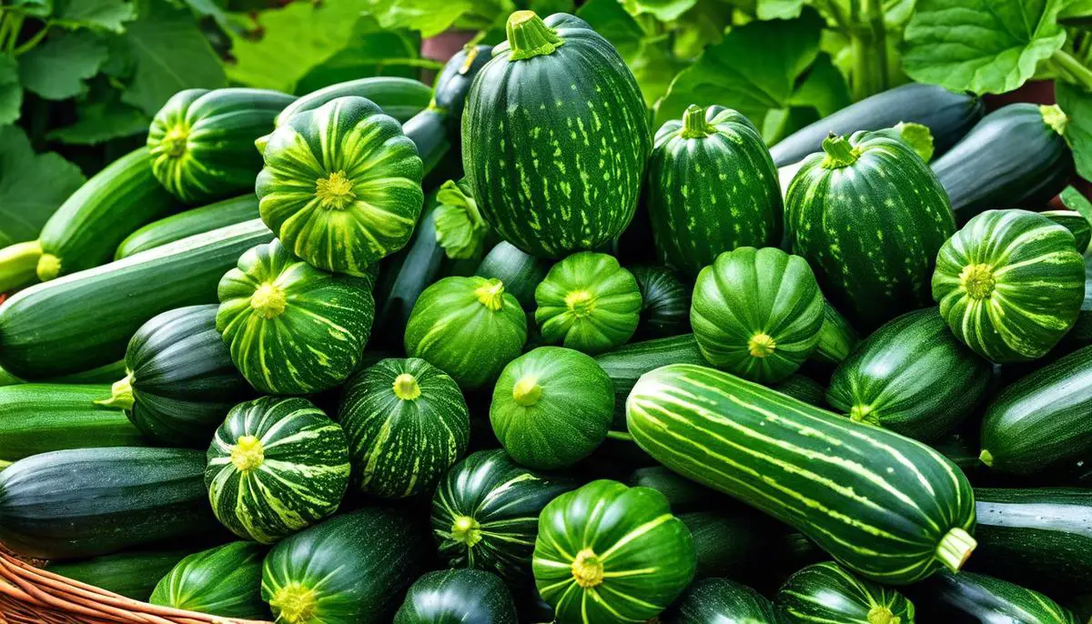 A photo of healthy zucchini plants with plenty of fruits.
