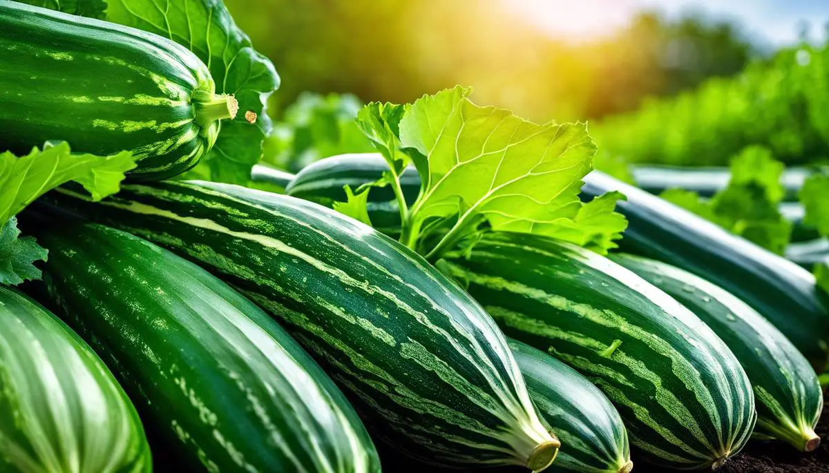 Image description: A close-up photo of healthy zucchini plants with vibrant green leaves and large zucchinis growing on them.