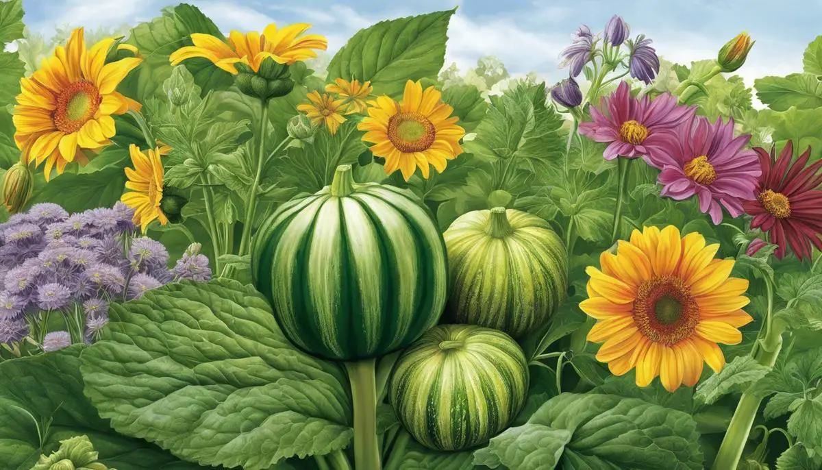 Illustration of different plants near a zucchini plant that are either recommended or not recommended for companion planting.