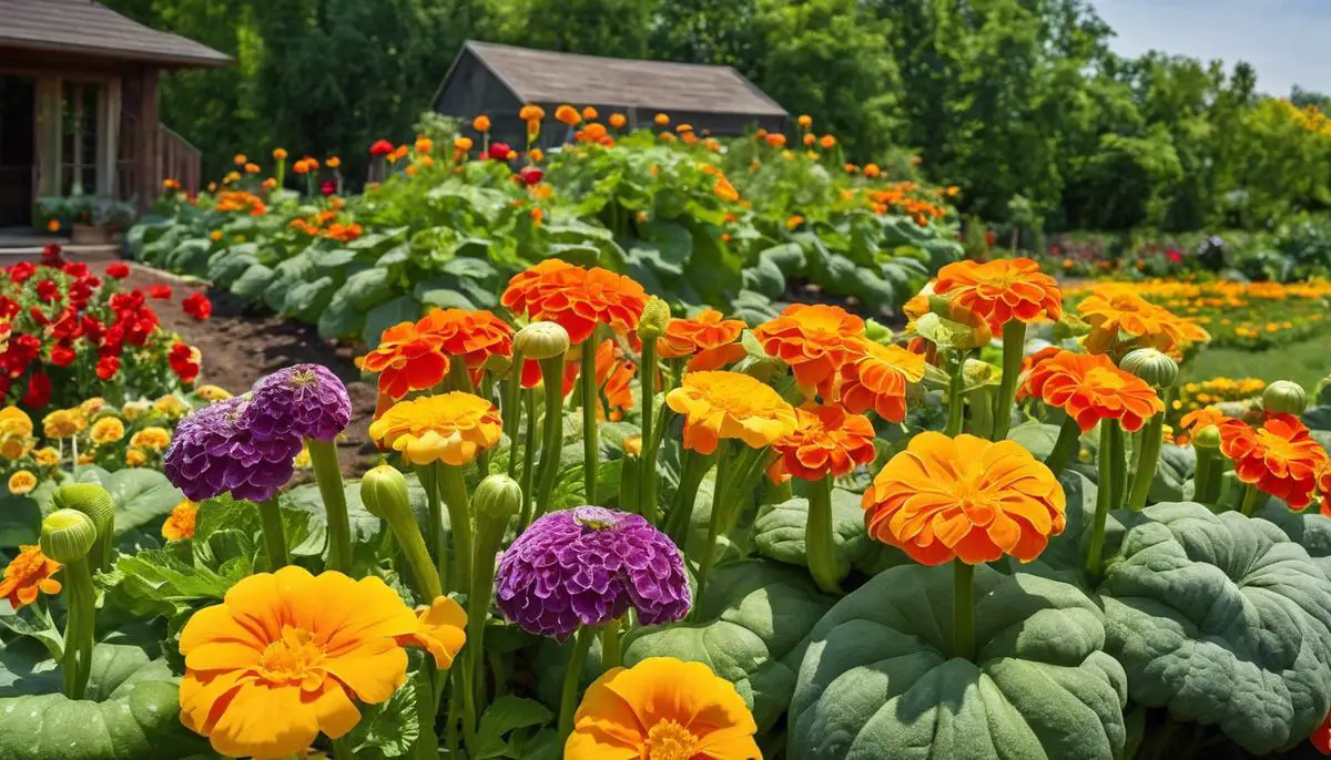 Image of zucchinis growing alongside marigolds and nasturtiums in a garden plot