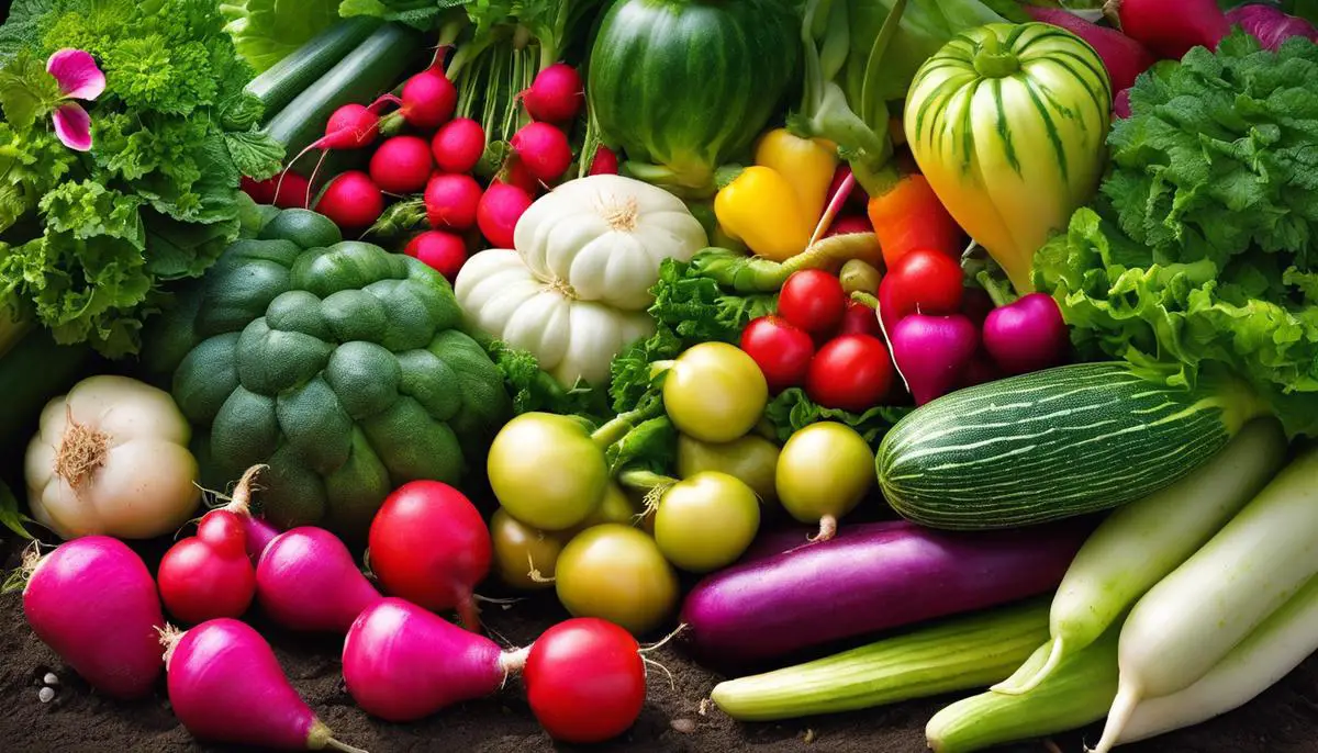 A colorful image of a diverse vegetable garden with zucchinis, radishes, and various other plants intermingled.