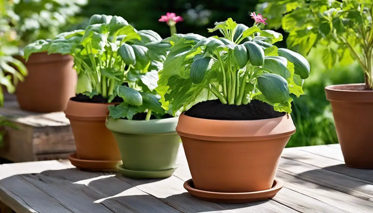 A clay pot filled with soil and a thriving zucchini plant, demonstrating the right container size and material for growing zucchini.
