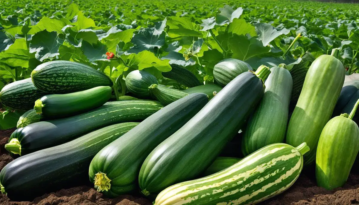 An image of a thriving zucchini garden with healthy plants and abundant harvest