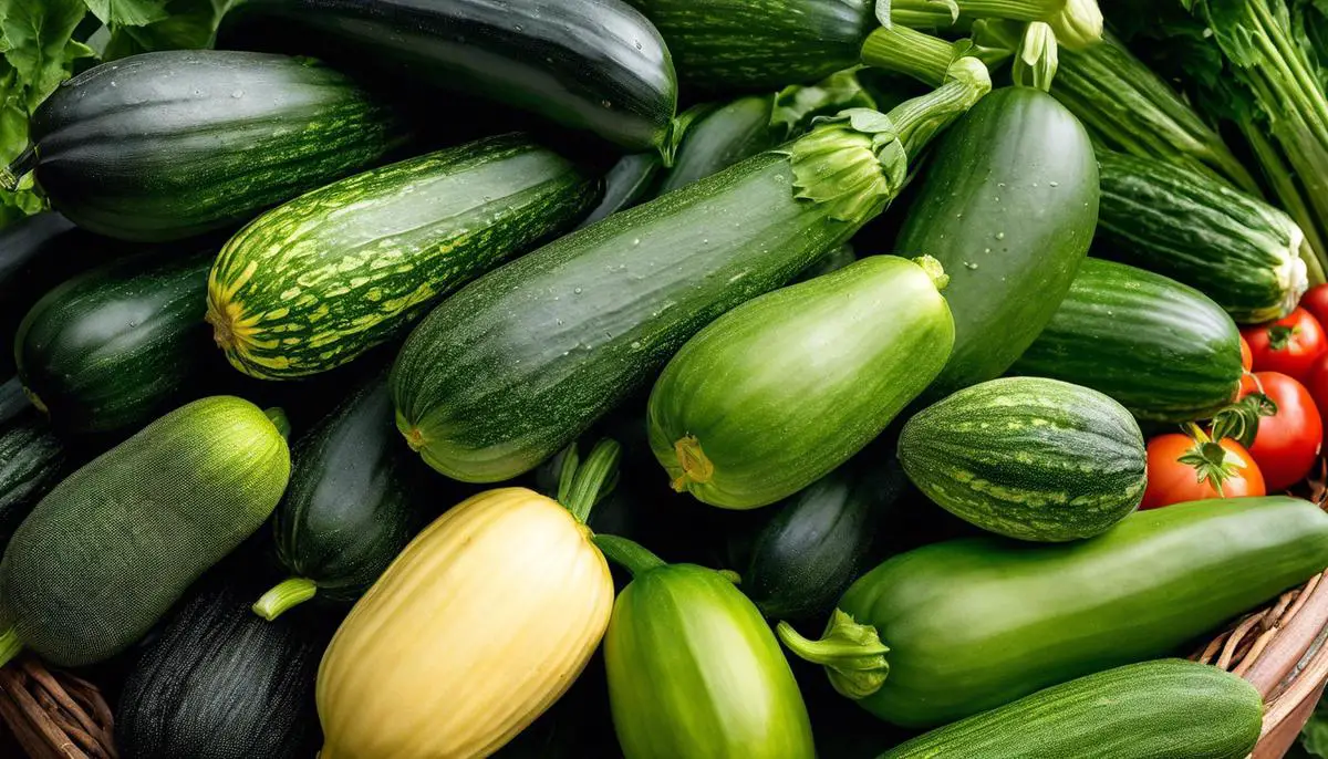 A close-up image of freshly harvested zucchinis in a garden bed