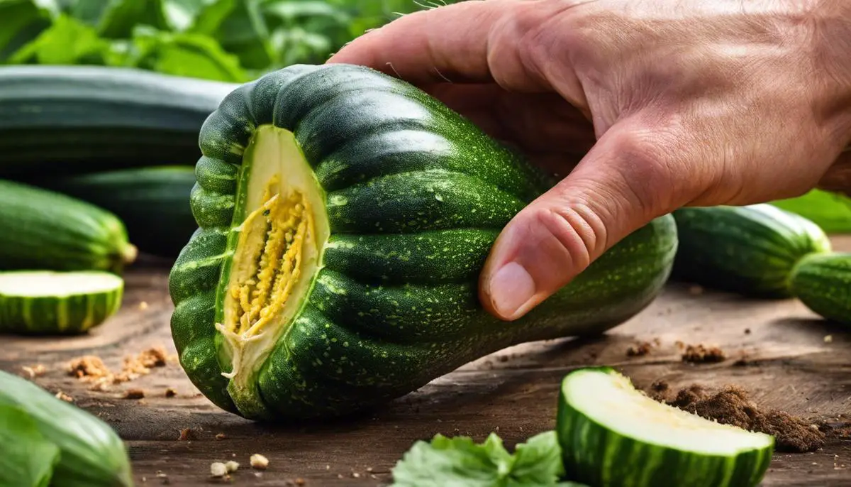 Image of a ripe zucchini being picked from a garden