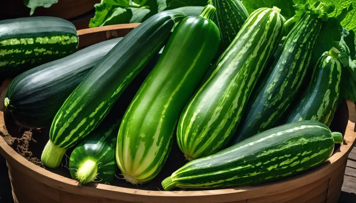 Image of a flourishing zucchini plant growing in a container, with vibrant green leaves and small zucchinis, ready to be harvested.