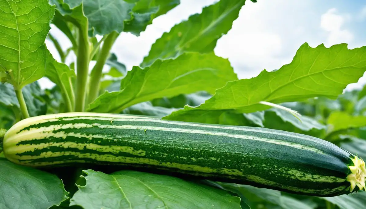 Image of a zucchini plant with bite marks on its leaves and pests nearby, representing the challenge of protecting zucchini plants from garden pests.