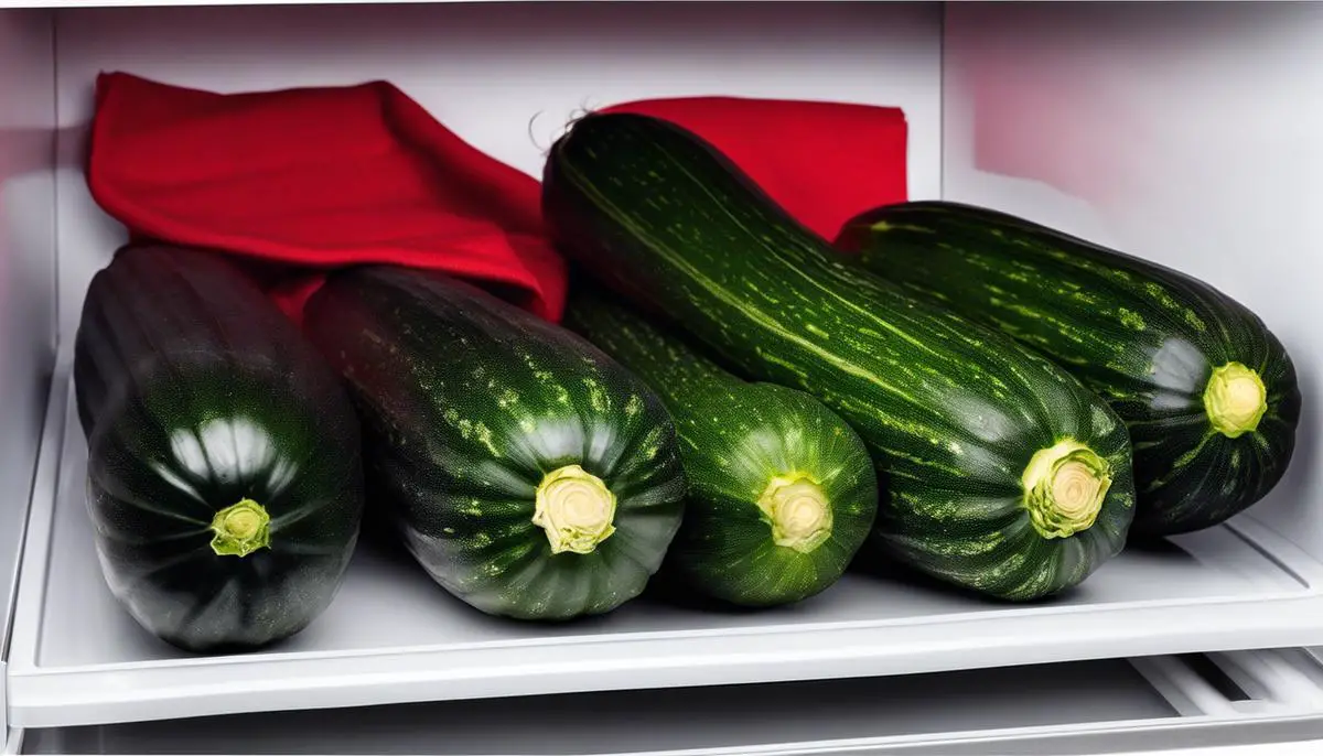 Image of a zucchini stored in a refrigerator crisper drawer with a cloth to maintain humidity