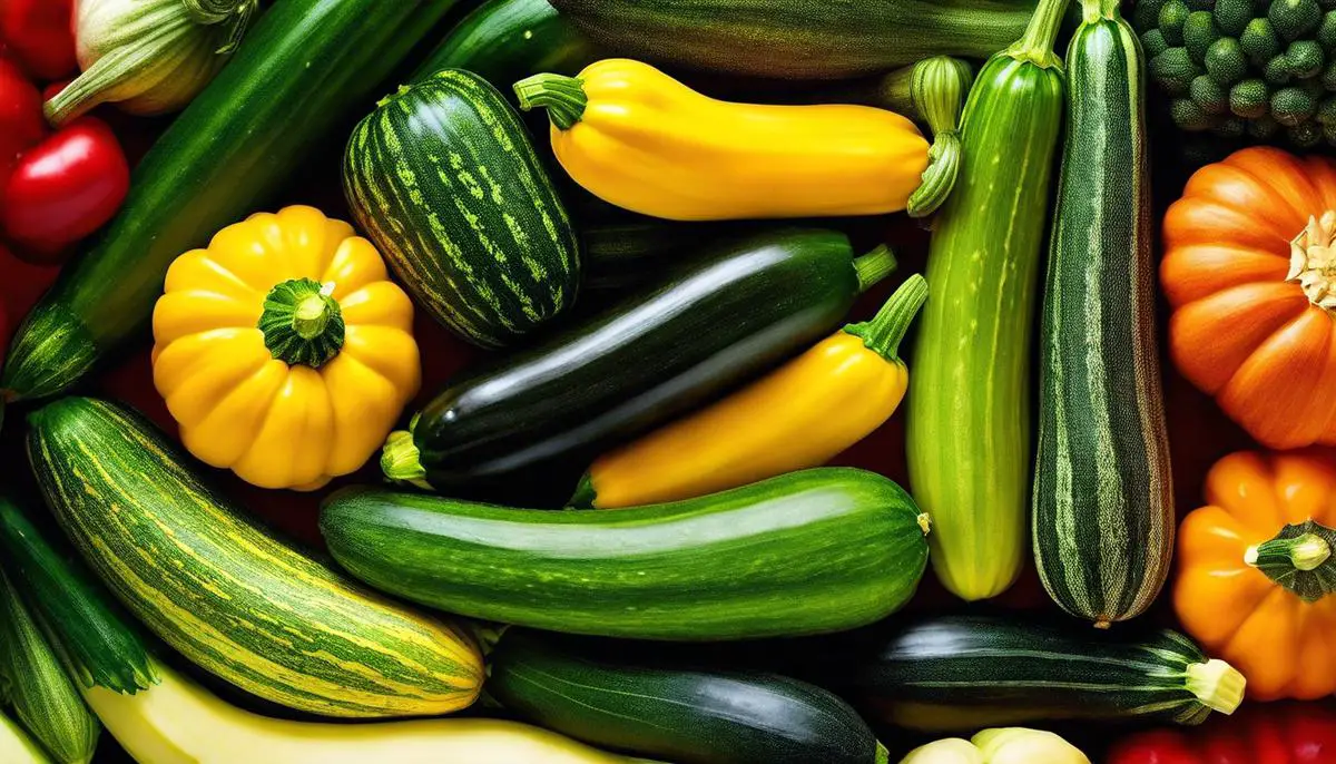 A close-up image of various zucchini varieties, showing their different shapes and colors.